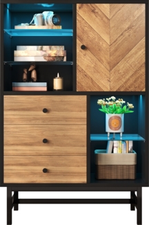 LVHOM Highboard mit Glasböden, LED Vitrine mit Schubladen, Sideboard Scandi, Hochschrank Bücherschrank Vitrinenschrank, 80x120,5x40 cm, Schwarz