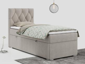 Boxspringbett ALDA, Einzelbett mit gestepptem Kopfteil und einem Bettkasten, 90x200 - Beige Stoff - links - H3