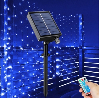 Sunicol LED Solarleuchte 1.5x1.5M / 3x2M, Solar LED String Light, wasserdicht, 8 Modi, dimmbare, Blau, Warmes Weiß, Multicolor, Weiß, mit Fernbedienung