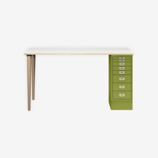 MultiDesk, 2 Eichenfüße, 1 MultiDrawer mit 8 Schüben, Dekor Plywood, Farbe Grün, Maße: H 740 x B 1400 x T 600 mm