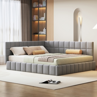 Merax Polsterbett Schlafsofa 160*200 Multifunktionsbett mit Lattenrost aus hautsympathischem Samtstoff Grau