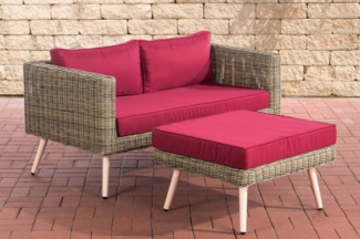 CLP Polyrattan 2er Sofa Molde mit Fußhocker Rundrattan natura,rubinrot 45 cm (Hellbraun)