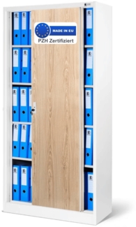 Aktenschrank abschließbar ROLF - Schiebetüren, 5 Ebenen | Büroschrank aus Stahl Metallschrank Werkstatt Mehrzweckschrank Werkzeugschrank, 185x90x40cm Weiß-Sonoma Eiche