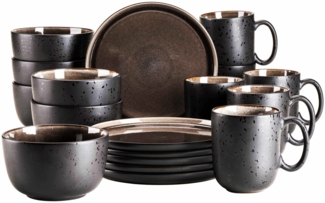 Modernes Geschirr Set für 6 Personen in aufregendem Vintage Look, 18-teiliges Frühstücksgeschirr Service aus Keramik in Grau und Schwarz