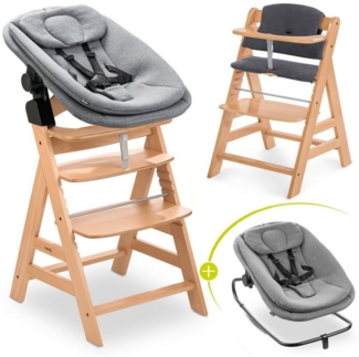 Hauck Hochstuhl Alpha Plus Natur Newborn Set (Set), Holz Babystuhl ab Geburt inkl. Aufsatz für Neugeborene & Sitzauflage