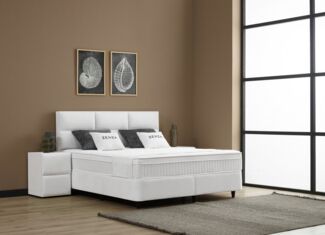 abc bedding Boxspringbett ZENZA Voll-orthopädisches Luxusbett in stilvollem Stoff in Creme (3, inkl. Matratze & Topper), Inkl. Matratze mit integriertem Topper