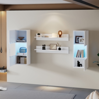 LED-Wandmöbel-Set mit Hochglanzfront und gehärtetem Glas, 2 Hängeschränke & 2 Wandregale mit App-gesteuerter Beleuchtung,Weiß