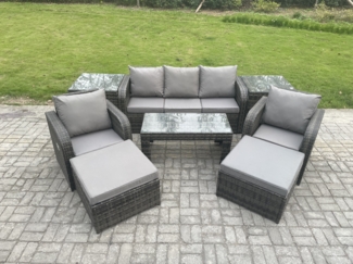 Fimous Polyrattan Gartenmöbel Set mit Rechteckiger Couchtisch 2 Beistelltischen 2 hohen Hockern 7-Sitzer Polyrattan Garten Sofa im Freien Set