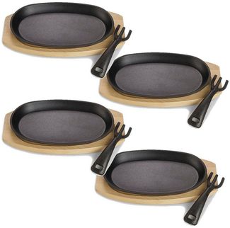 ECHTWERK Servierpfanne Kleine Grillpfanne mit abnehmbarem Griff, Gusseisen (8-tlg, Pfanne inkl. Servierbrett), Bereits eingebrannt, hochwertiges Servierbrett aus Echtholz