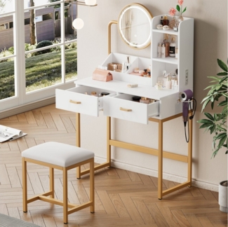 KLAM HOME Schminktisch Schminktisch mit LED-Beleuchtung, drehbarem Spiegel & Steckdosen (Hocker & schwarz Metallbeinen – 2 Schubladen + 2 offene Ablageflächen), weiß, Maße: 80×138,5×40 cm (B×H×T)