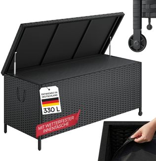 STEELSØN 'Serion' Polyrattan Aufbewahrungsbox 330 Liter mit Rollen, schwarz, 140×62×61 cm, wetterfest, Auflagenbox mit Innentasche, Gartenbox mit Griff zum einfachen Transport