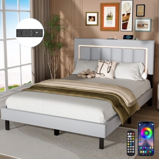 oyajia Polsterbett Bett Kinderbett Polsterbet Gästebett (Mit Lattenrost,PU-Leder material Polsterbett,Kinderbett, Kopfteil hochstellbar), mit LED-Beleuchtung, Ladefunktion,App/Fernbedienung