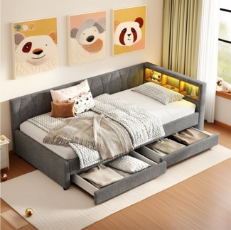 REDOM Schlafsofa Modernes Polsterbett mit LED-Beleuchtung, USB und Typ-C Ladeanschluss, Kinderbett mit Stauraum, Ohne Matratze