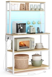 VASAGLE Küchenregal mit LED-Beleuchtung, Standregal mit Steckdosen, verstellbaren Ablagen, 8 Haken, eichenfarben-weiß