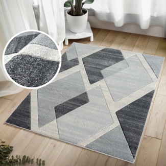 Teppich Wohnzimmer Kurzflor Beige Grau - 140x200cm - Boho Karo Muster Modern Skandinavisch Wohnteppich Schlafzimmer