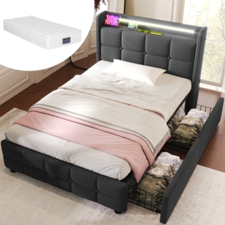 Einzelbett 90 × 200 cm mit Steckdosen,USB-Anschlüssen und LED-Beleuchtung,2 Schubladen,Leinenbezug in Grau,inklusive Matratze