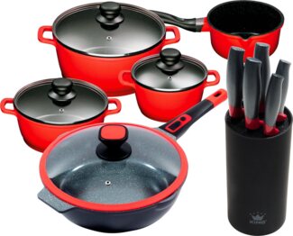 KING Topf-Set Click-Grip, Aluminiumguss (Set, 11-tlg, 4Töpfe,3 Deckel,1 Bratpfanne + Deckel, Messerblock mit 5tlg Messer-Set), Induktion