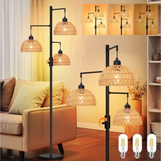 MUPOO Stehlampe LED Stehlampe,Rattan Boho LED Stehleuchten mit 3 Glühbirnen, LED Wechselbar,Warmweiß,für Schlafzimmer, Wohnzimmer, Büro
