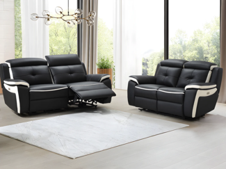 Vente-unique - Relaxsofagarnitur Leder elektrisch 3+2 - Schwarz & Weiß - ANGELIQUE