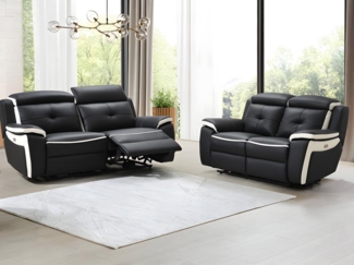 Vente-unique - Relaxsofagarnitur Leder elektrisch 3+2 - Schwarz & Weiß - ANGELIQUE