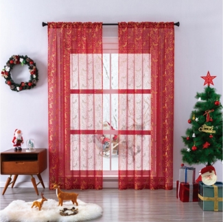Jibenhome Gardine Weihnachten Vorhang Goldprägung,Voile Gardinen Weihnachtsdeko,2er Set (2 St), halbtransparent, Transparentvorhang,Weihnachtsdeko,Luxuriöser Goldfolien Druck