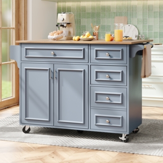 Merax Kücheninsel, Küchensiland, Küchenschrank, Abnehmbare Servierwagen buffetschrank, Speisewagen mit Vintage-Muster, buffetschrank, Multifunktionale Esstisch mit Speicherraum, Blau
