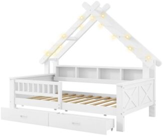 MODFU Kinderbett für Kinderzimmer & Schlafzimmer (Kinder-Hausbett mit LED-Licht & Stauraum – stabiles Plattformbett mit Schutzgitter, Schubladen und Regalen, 1-tlg, 205 x 97 x 179)
