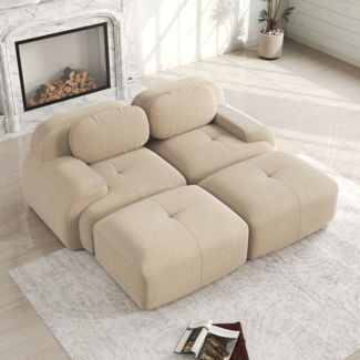 Ecksofa modular (3-teilig) Hocker & Module, Beige, Cordstoff, montagefrei, ergonomisch geformte Armlehnen,H 75 x T 208 x B 178 cm