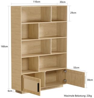 GarveeMore Bücherregal 5-stöckiges Bücherregal aus Holz mit Rattantüren