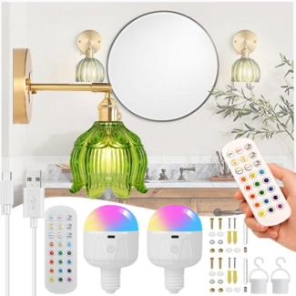 MUPOO Nachttischlampe Retro-Wandleuchte mit Floral Glasschirm, Akku E27 RGB Leuchtmittel, Wandbeleuchtung mit Fernbedienung, Timer, Grün