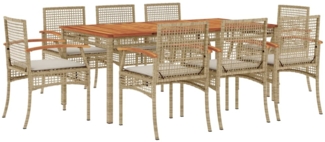 vidaXL 9-tlg. Garten-Essgruppe mit Kissen Beige Poly Rattan 3213583