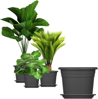 BigDean 3x Blumentopf Ø 20 cm Farbe Anthrazit & Untersetzer Kunststoff Pflanztopf Containertopf Übertopf Pflanzkübel rund 20x14,5 cm Blumentöpfe