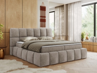 Boxspringbett mit dekorativem Kopfteil, Doppelbett mit zwei 7 Härtezonen Multipocket-Matratzen, Bettkästen, Polsterbett - NIRA - 180x200 cm - Beige Struktur - H4