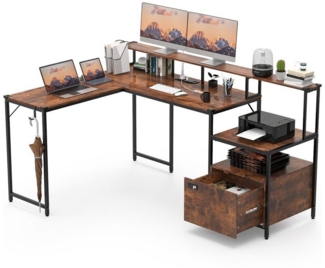 GUNJI Eckschreibtisch L-Schreibtisch mit Stauraum,mit Steckdose und USB-Ladeport (168×120cm,mit Monitorhalterung und Regalen,mit 2 Steckdosen und 2 USB-Anschlüssen)