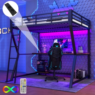 Merax Hochbett, 140*200cm Kinderbett, Mit LED-Leuchten, Computerkonsolenablage, Schreibtisch, Steckdose+USB, Geländer, Treppe, ohne Matratze, Schwarz