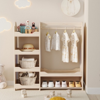 Celya Kleiderschrank Kindergarderobe, Kinderkleiderschrank (110*39*110 cm, für Kinderzimmer, Standgarderobe Naturholz) mit Kleiderstange & 4 Regalen, Aufbewahrung