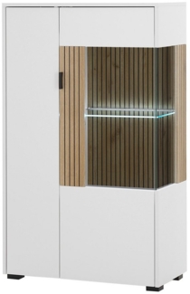 Lomadox Stauraumschrank HUNTER-61 weiß matt Eiche gerillt Vitrine mit Beleuchtung 75x125x38 cm