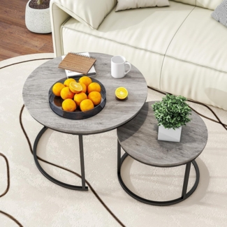 HOJINLINERO Runder Couchtisch 2er-Set Wohnzimmer Holz Metallrahmen Grau