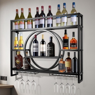 XERSEK Weinregal Wandmontierte Metal Flaschenregal Schwarz Gold Wein Regal Rack Schrank, Platz für 30 Flaschen, Maximale Belastung 50 kg, Klassischer Stil, 3 Ebenen, Aus Kohlenstoffstahl