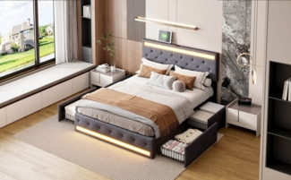 Furnishings Home Polsterbett Doppelbett Stauraumbett, Mit 4 Schubladen + LED + Anschluss (Set, Bett), Mit LED-Beleuchtung, USB & Type-C, Leinen, 160x200 cm