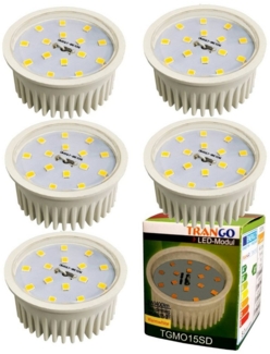 TRANGO LED Einbaustrahler, 5er Pack MO15SD-5 Ultra flach 5Watt 3 Stufen dimmbar LED Modul 3000K warmweiß zum Austauschen GU10 & MR16 Halogen Leuchtmittel, für Einbauleuchten, Deckenstrahler, Deckenleuchte, Spots