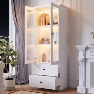 BlingBin Vitrine Moderne Standvitrine Vitrinenschrank, Hochschrank mit LED-Beleuchtung (Bücherschrank mit USB-Anschluss, 16-Farben-Fernbedienung, 2 Schubladen und 2 Flügeltüren, 1-St, 60*35.5*165 cm, Produkttragfähigkeit: Regal 20 kg, Schublade 30 kg) ...