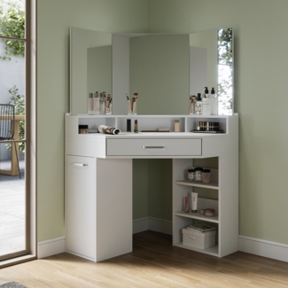 SONNI Schminktisch Schminktisch mit LED-Beleuchtung/ohne LED, Weiß & Schwarz, Eck-Schminktisch, mit LED-Beleuchtung und Spiegel, 110 x 141.5 cm