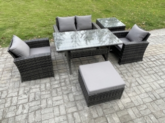 Fimous Polyrattan Gartenmöbel Set Terrassenmöbel Set mit Rattan Rechteckiger Esstisch Lounge Sofa mit Großer Fußhocker Beistelltisch
