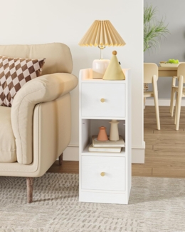 Nachttisch 2er Set, Schmal, Beistelltisch mit 2 Schubladen, Nachttische mit Offenem Fach, Verstellbare Schubladenposition fr Schlafzimmer, Wohnzimmer, Wei? mit Holzmaserung