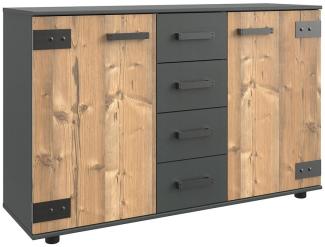 Lomadox Kommode SUNDERLAND-43, graphit grau Fichte Industrial Design Kommode 130x83x41 cm