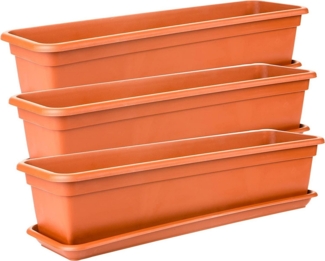 Centi Blumenkasten Balkonkasten Balkon eckig mit Untersetzer Terracotta (Spar Set, 3 St, 60 cm), Blumenkästen Fensterbank außen, hochwertiger Kunststoff, Made in EU