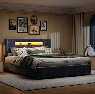 PXloue Polsterbett mit LED-Beleuchtung und stilvollem Samtbezug 140x200/160x200, Modernes Bett mit Kopfteil und LED-Beleuchtung.