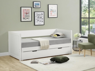 Vente-unique - Ausziehbett - 90 x 190 oder 174 x 190 cm - mit ausziehbarem Lattenrost und Schublade - Kiefer & MDF - Weiß + Matratze - ALFIERO II