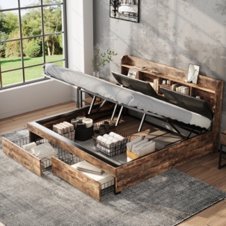 Metallbett, Hydraulikbett, Jugendbetten, Doppelbett, mit Stauraum-Kopfteil und Metall Lattenrost, Ohne Matratze, Für Erwachsene, Kinder, Jugendliche, Holzfarbe+Schwarz, 180 x 200 cm